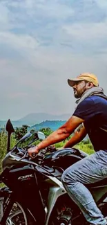 Man on a motorbike amid scenic landscape