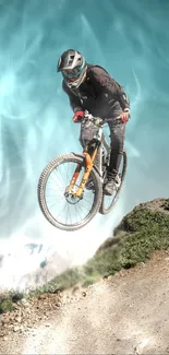 Cyclist jumps over rugged terrain with a vivid sky blue background.