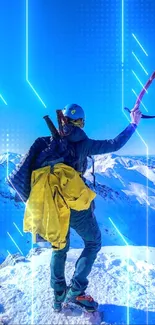 Mountain climber on snowy peak with clear blue sky.