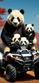 Panda family riding an ATV, set in nature.