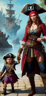 Adventurous pirate duo on a picturesque sea path with ships in the background.