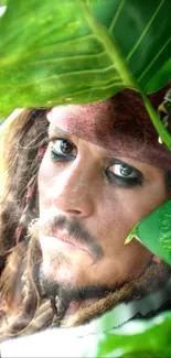 Pirate-themed mobile wallpaper with green foliage and striking eyes.