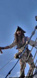 Daring pirate climbs ship rigging under a bright blue sky.