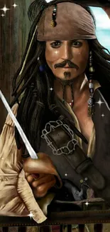 Pirate-themed wallpaper featuring a character with a sword and wooden background.