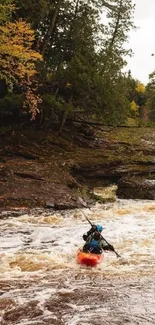 Kayaker navigating fast river through forest in vibrant autumn setting.