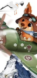 Cartoon squirrel flying vintage airplane in snowy mountain scene.