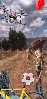 Toy Story's Woody in a vivid landscape with a drone, kite, and bicycle.