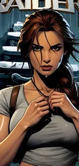 Illustration of a determined female warrior standing strong in an adventure setting.