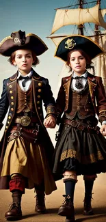 Two young pirates in costume with ship background.