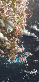 A captivating aerial coastal view with cityscape and ocean waves.