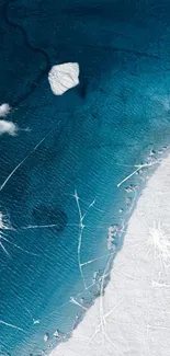 Aerial view of icy landscape and ocean in blue tones.