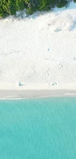 Aerial view of tropical beach with turquoise waters and white sands.