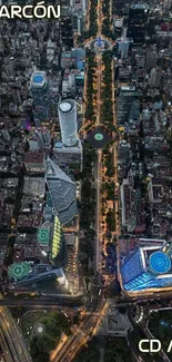 Aerial view of a vibrant city at night with illuminated streets and skyscrapers.