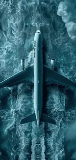 Aerial view of airplane flying through teal clouds.