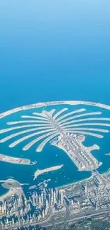 Aerial view of Palm Islands, Dubai along a vibrant blue coastline.