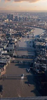 Aerial view of a city with rivers and skyscrapers, ideal for a mobile wallpaper.