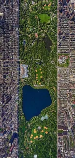 Aerial view of a lush green parkland amidst a cityscape.