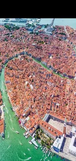 Aerial view of Venice cityscape with winding canals and historic buildings.