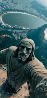 Aerial view of Christ the Redeemer overlooking Rio de Janeiro cityscape.