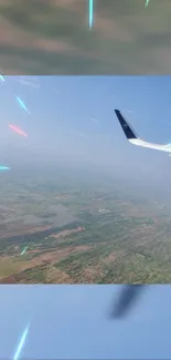 Aerial view with airplane wing over landscape in bright blue sky.