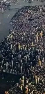 Aerial view of New York City skyline, river, and skyscrapers.