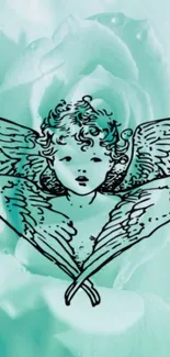 Angel illustration on mint green rose background wallpaper.