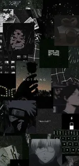 Dark and moody anime collage wallpaper featuring iconic characters and cosmic elements.