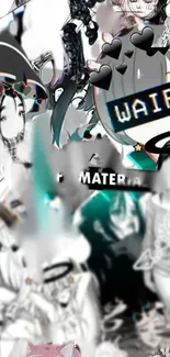 Anime waifu collage with monochrome and colorful aesthetic elements.