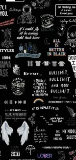 Grunge aesthetic wallpaper with black quotes.