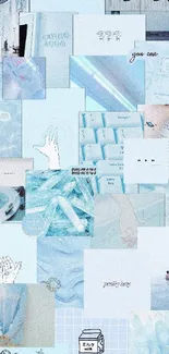 Aesthetic blue collage wallpaper with soft images and text.