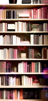 A wooden bookshelf filled with books and decor items, in warm tones.