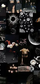 A dark aesthetic collage wallpaper featuring celestial and floral elements.