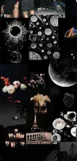 Dark aesthetic collage wallpaper with celestial and urban themes.