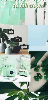 Aesthetic green collage wallpaper featuring plants, quotes, and vintage elements.