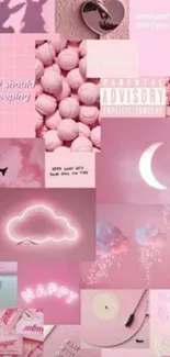 Aesthetic pink collage with clouds, moons, and elegant patterns on mobile wallpaper.