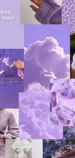 Aesthetic purple collage with clouds, flowers, and fashion elements.