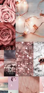 Aesthetic rose gold collage wallpaper with roses, lights, and marble.