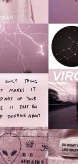 Aesthetic pink Virgo-themed mobile wallpaper collage with quotes and cosmic imagery.