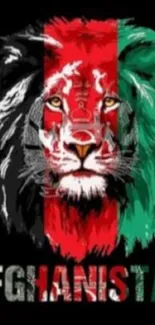 Lion art with Afghanistan flag colors on black background.