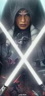 Ahsoka Tano holding lightsabers with Star Wars scene.