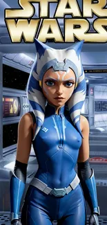 Ahsoka Tano in blue Star Wars attire, set in a futuristic space station.