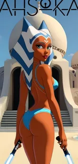 Ahsoka Tano animated in front of sci-fi architecture.