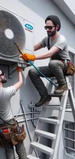 Technicians maintaining air conditioner on building exterior, using tools and ladder.