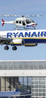Helicopter and airplane over airport in bright blue sky.
