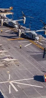 Aerial view of aircraft carrier with jets on deck over the ocean.