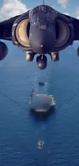 Jet flying over ocean with ships below, set against a blue sky.