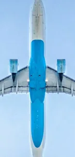 Aerial view of a blue airplane soaring in the sky.