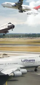 Planes and shuttle soaring above airport in a stunning sky display.