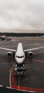 Airplane at overcast airport terminal, city view.