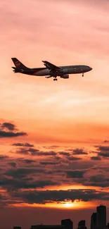 Airplane flying through a serene sunset sky over a city skyline.